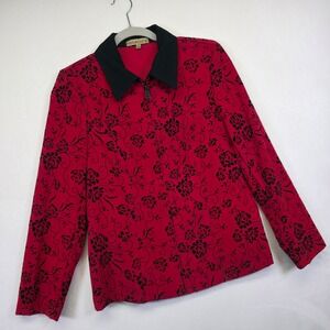 Notations Blouse Womens M Red Floral Velvet Flocked Y2K Whimsigoth Vamp